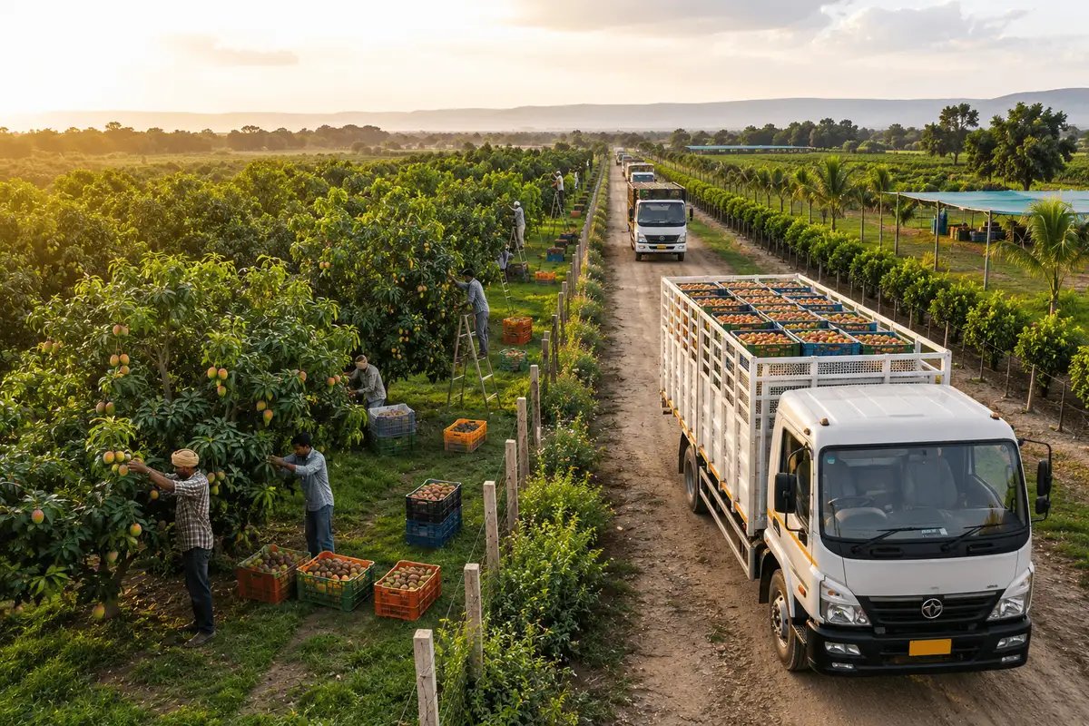 Harvest workers loading produce onto transport trucks in a commercial orchard, demonstrating efficient agricultural logistics and post-harvest processing.